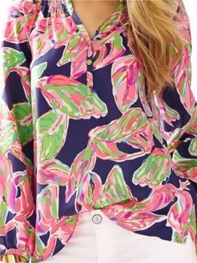 Lilly Pulitzer Elsa Silk Top Tropical Pink and Green Pink Navy Leaf Print